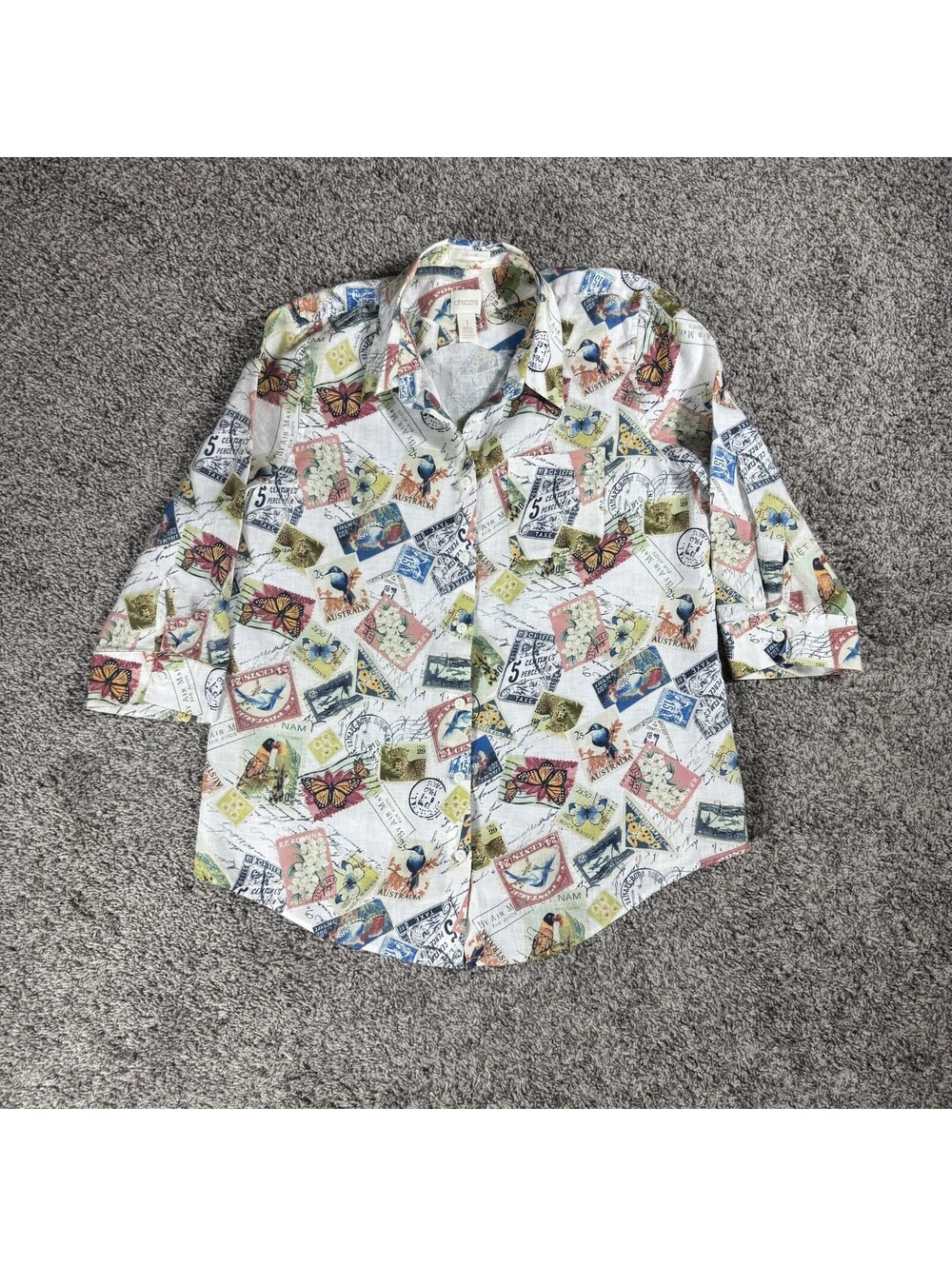 Chicos‎ No Iron Linen Stamp Print 3/4 Sleeve Tunic Size 1 US M Birds Butterflies